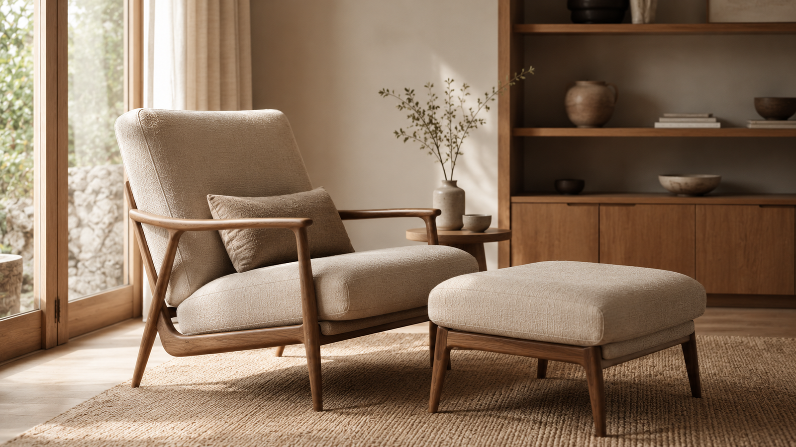 Wide upholstered reading chair with matching ottoman