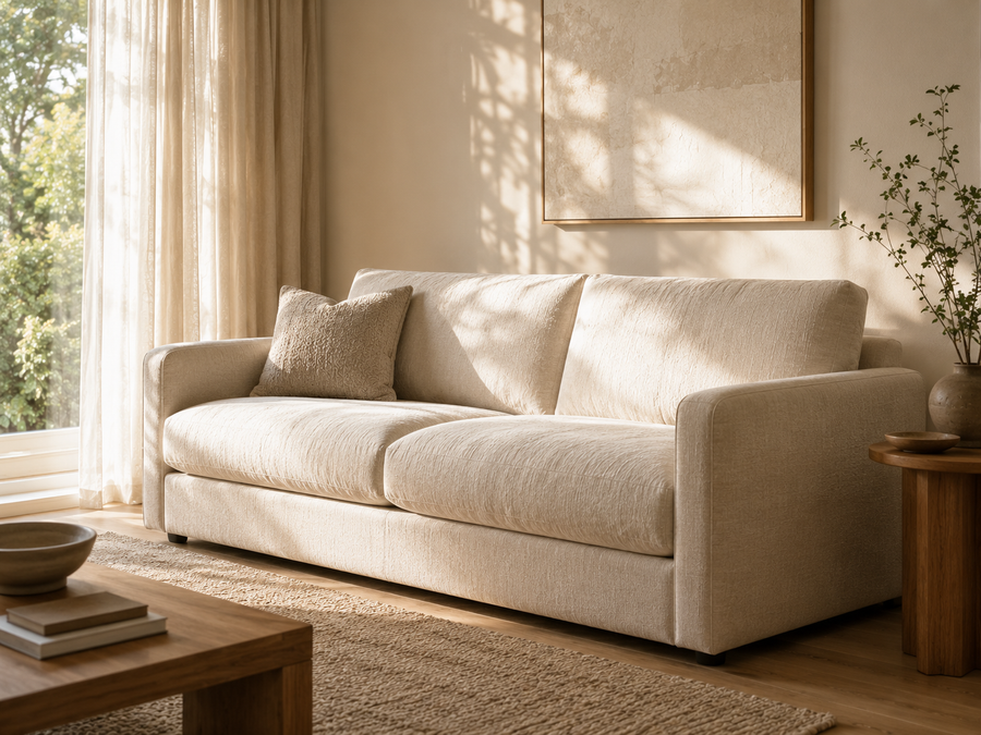 Finished custom furniture piece installed in a warm living room